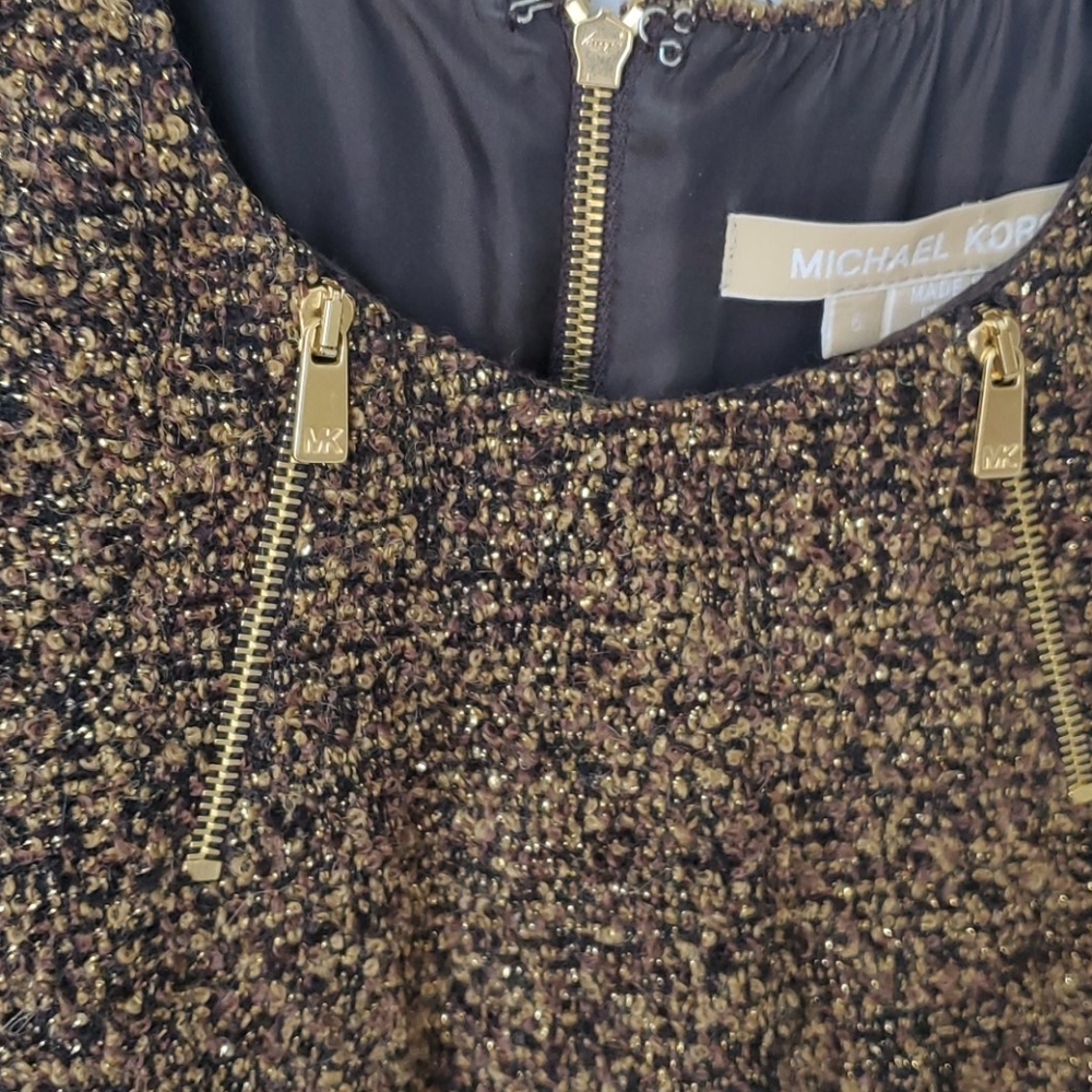 Michael Kors Brown Tweed Midi Dress with Gold Zipper Accents - Picture 3 of 7